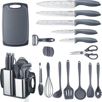 RAXCO 18 Pieces Kitchen Set-7 Cooking Utensils Set,5 Knife Block Set,6 Spatula Set (Black)