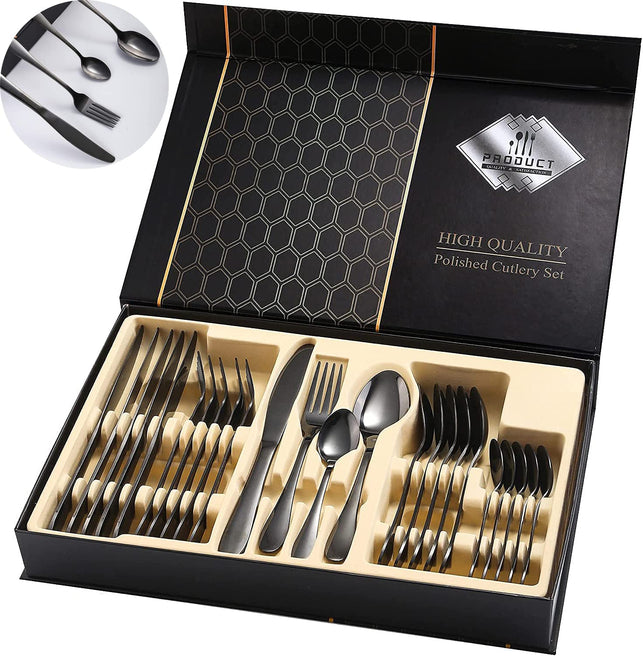 Black Silverware Set 24 Piece Flatware Set Service for 6, High Grade 18/10 Stainless Steel Cutlery Set with Knife/Fork/Spoon/Teaspoon/Premium Gift Box, Mirror Finish, Smooth Edge by MOTYYA