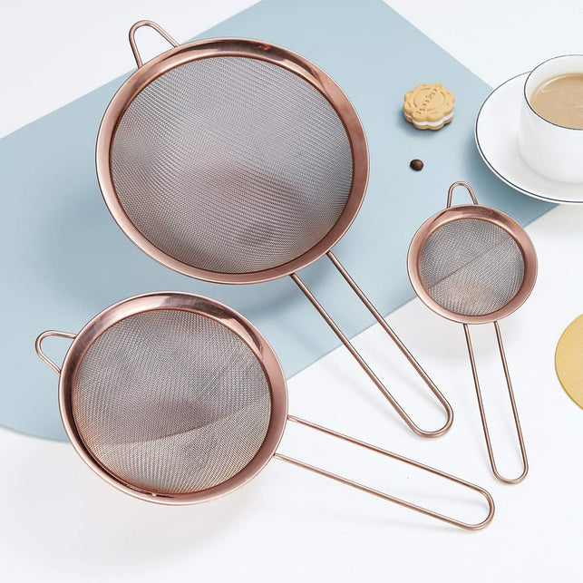 Kyraton Rose Gold Fine Mesh Strainer 3 Pieces Set, Copper Flour Sifter for Baking, Stainless Steel Clander, Matcha Tea Strainer, Gravy Separator, Stasher Sieve Pasta Strainers