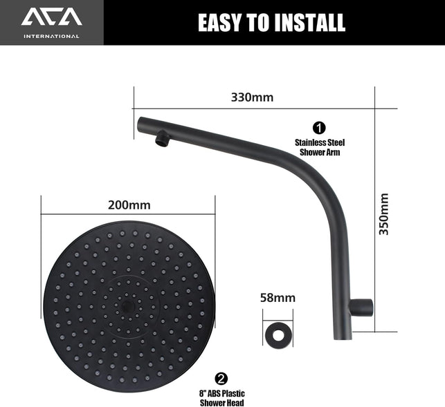 ACA International Gooseneck Shower Arm with 8'' round Rain Shower Head Set Wall Mounted Shower Head & Shower Arm Set Bathroom 304 Stainless Steel WELS (Matt Black)