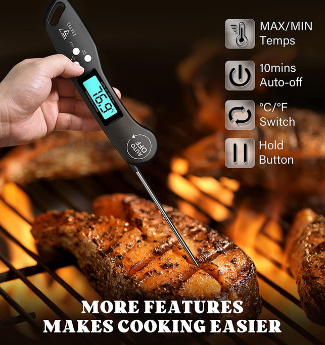 Meat Thermometer, DOQAUS Instant Read Cooking Thermometer, Digital Food Thermometer, Backlight LCD Screen Foldable Long Probe & Auto On/Off, Perfect for Kitchen Cooking, BBQ, Water,Meat, Milk (Black)