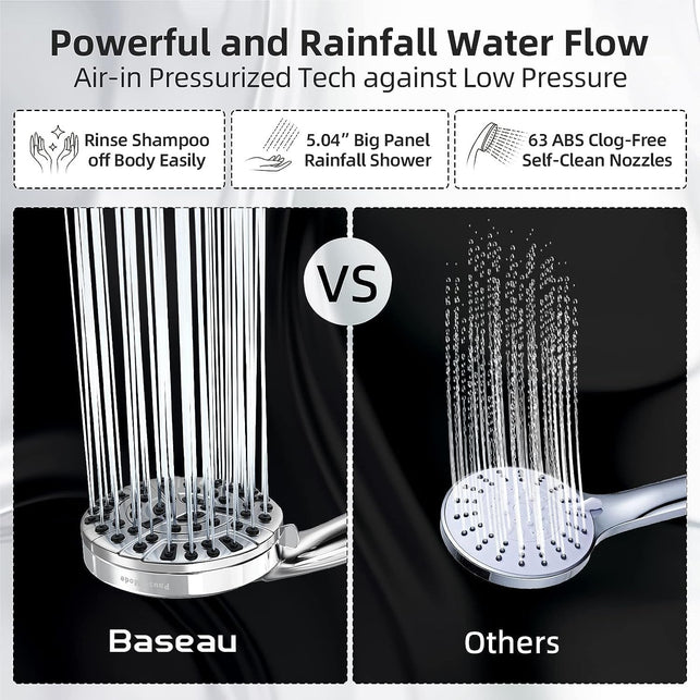 Baseau Luxury Handheld Shower Head,10 Functions Spray Setting High Pressure Showerhead, Built-In Pause Mode & 2 Jet Mode Power Wash for Tubs Tiles Walls Pets Cleaning (Premium Chrome)