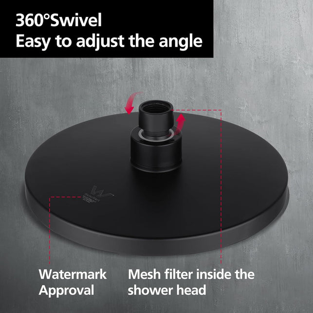 ACA International WELS Shower Set with Twin Shower Tap, 200Mm round Rain Shower Head 2 in 1 Shower Rail Wall Mounted 5-Mode Handheld Bathroom Dual Shower Head Set (Matt Black)