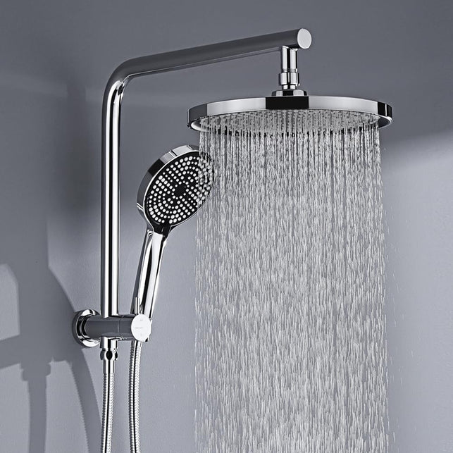 Decaura 10" Rain Shower Head Set 2 in 1 Wall Mounted Shower Rail 3-Mode Handheld Spray round Bathroom (Chrome)