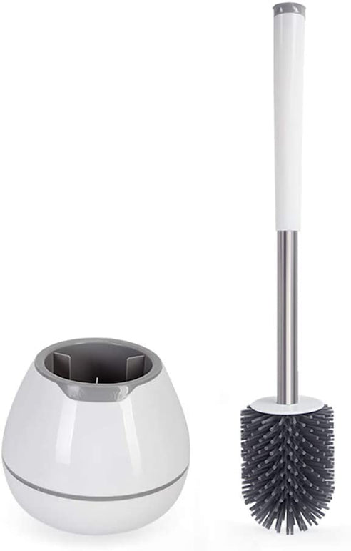 BOOMJOY Toilet Brush and Holder Set, Silicone Bristles Bathroom Cleaning Bowl Brush Kit with Tweezers - White