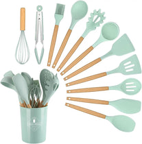 12 PCS Silicone Utensil Set, Wooden Handle Nontoxic BPA Free Silicone Spoon Spatula Turner Tongs Kitchen Gadgets Utensil Set for Nonstick Cookware with Holder (Light Green)