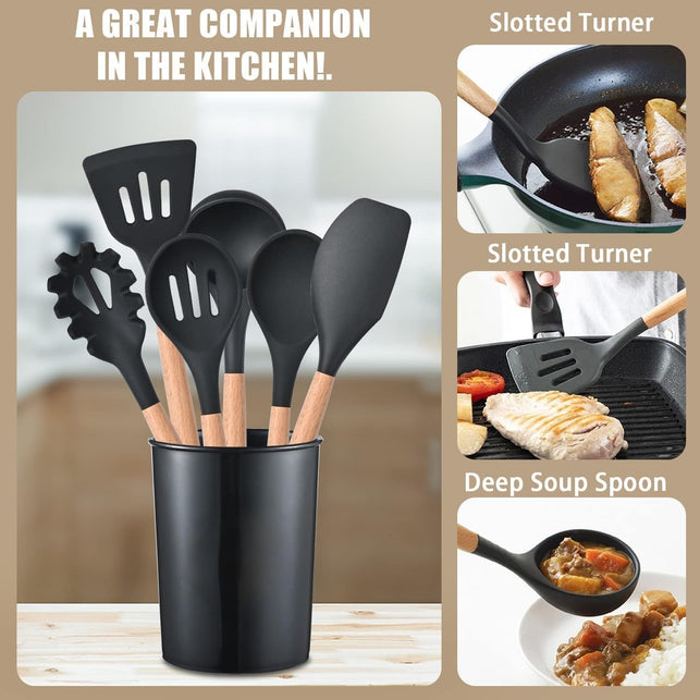 12 Pcs Silicone Cooking Utensils Kitchen Utensil Set - 446°F Heat Resistant,Turner Tongs, Spatula, Spoon, Brush, Whisk, Wooden Handle Black Kitchen Gadgets with Holder for Nonstick Cookware