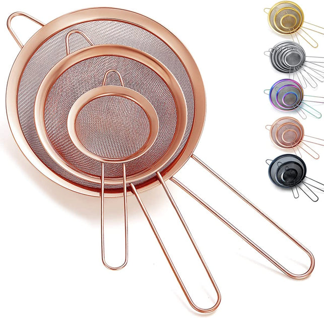 Kyraton Rose Gold Fine Mesh Strainer 3 Pieces Set, Copper Flour Sifter for Baking, Stainless Steel Clander, Matcha Tea Strainer, Gravy Separator, Stasher Sieve Pasta Strainers