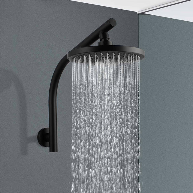 ACA International Gooseneck Shower Arm with 8'' round Rain Shower Head Set Wall Mounted Shower Head & Shower Arm Set Bathroom 304 Stainless Steel WELS (Matt Black)