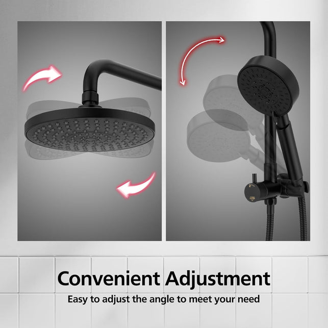 ACA International WELS Shower Set with Twin Shower Tap, 200Mm round Rain Shower Head 2 in 1 Shower Rail Wall Mounted 5-Mode Handheld Bathroom Dual Shower Head Set (Matt Black)