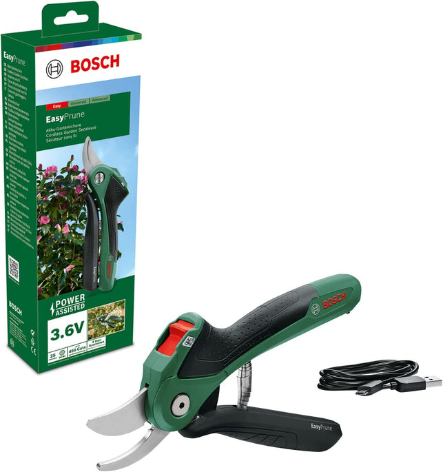 Bosch 3.6V Cordless Secateurs Pruner, Power Assist Technology, Integrated Battery, 450 Cuts per Charge, Rechargeable via Micro USB Cable (Easyprune). Made in Europe