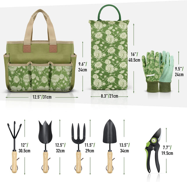 Colwelt Garden Tools Set, 8 Piece, Heavy Duty Gardening Tools with Wooden Handle, Including Garden Tote, Kneeling Pad, Gloves, Pruner, Trowel, Tulip Trowel, Cultivator - Gardening Gifts for Women Men