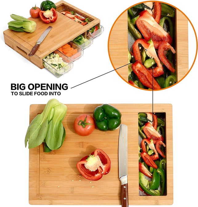 CARLA HOME Large Bamboo Chopping Board and 4 Containers with Mobile Holder Gift Included for Kitchen, Large Cutting Board with Juice Grooves, Sliding Opening and Carving Board with Trays for Storage