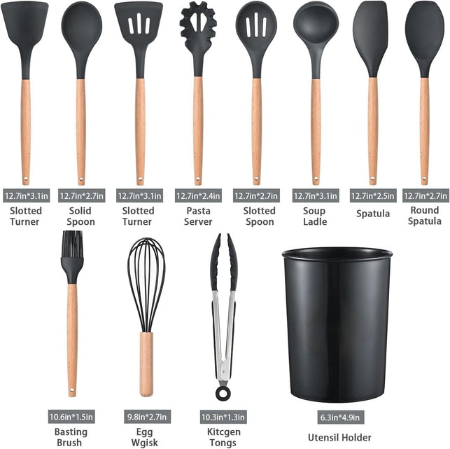 12 Pcs Silicone Cooking Utensils Kitchen Utensil Set - 446°F Heat Resistant,Turner Tongs, Spatula, Spoon, Brush, Whisk, Wooden Handle Black Kitchen Gadgets with Holder for Nonstick Cookware