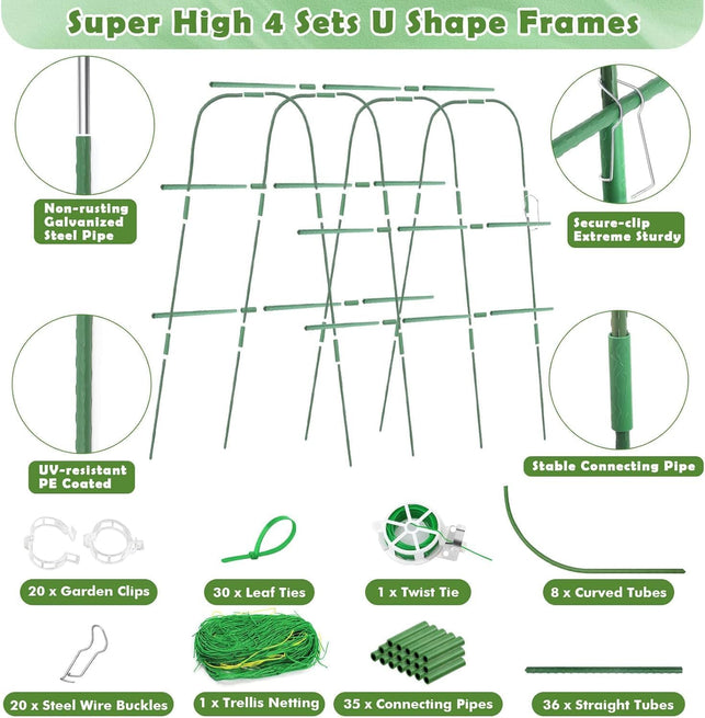 Cucumber Trellis for Garden, 63″ X 45″ U-Shaped Garden Trellis for Climbing Plants Outdoors with Climbing Net, Metal Detachable Arch Plant Support Vegetable Trellis