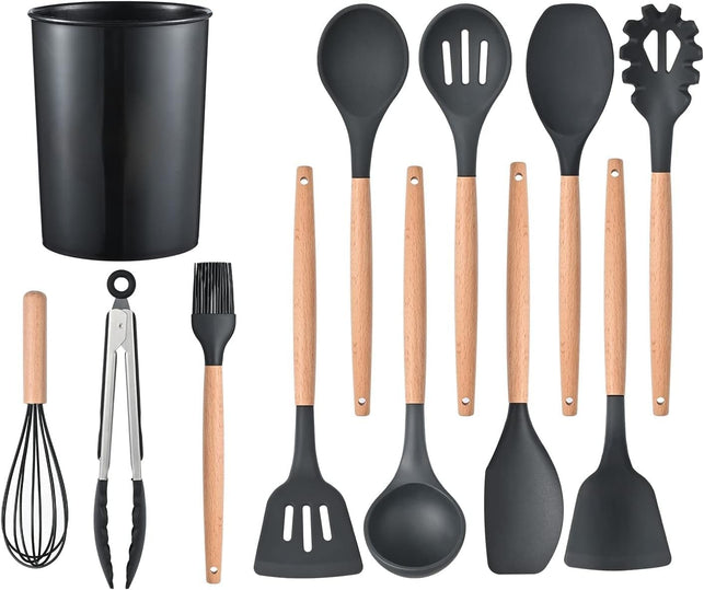 12 Pcs Silicone Cooking Utensils Kitchen Utensil Set - 446°F Heat Resistant,Turner Tongs, Spatula, Spoon, Brush, Whisk, Wooden Handle Black Kitchen Gadgets with Holder for Nonstick Cookware