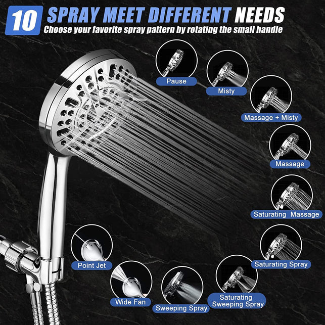 Baseau Luxury Handheld Shower Head,10 Functions Spray Setting High Pressure Showerhead, Built-In Pause Mode & 2 Jet Mode Power Wash for Tubs Tiles Walls Pets Cleaning (Premium Chrome)