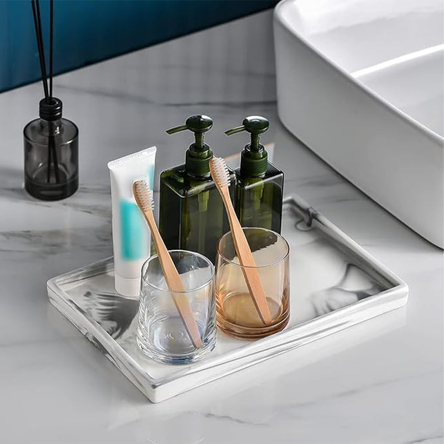 Bathroom Tray, Countertop and Vanity Tray, 11" X 6.3" Ceramics Rectangle Bathroom Tray for Counter, Marble Tray for Soap Dispenser Perfume Jewelry