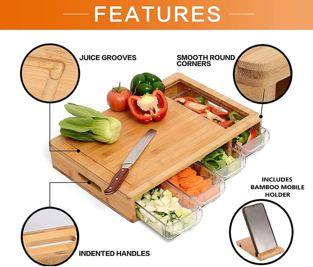 CARLA HOME Large Bamboo Chopping Board and 4 Containers with Mobile Holder Gift Included for Kitchen, Large Cutting Board with Juice Grooves, Sliding Opening and Carving Board with Trays for Storage