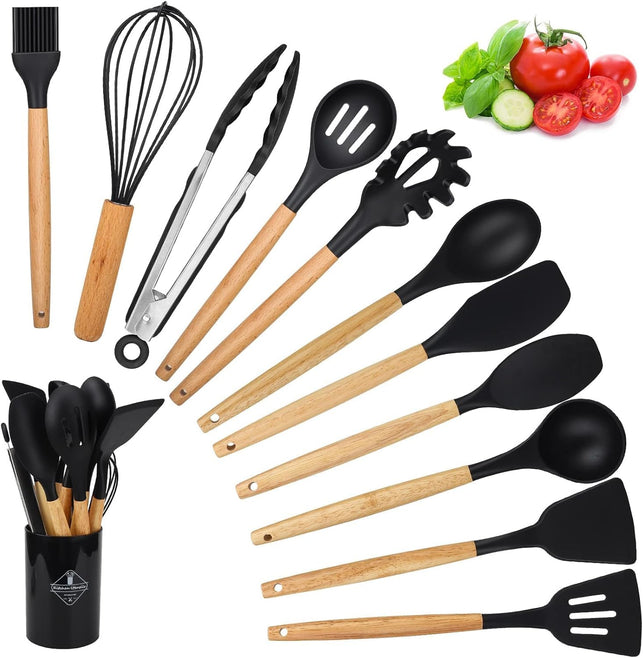 BLAZDEVE 12PCS Kitchen Utensil Set, BPA Free Non Stick Silicone Cooking Utensils Set with Wooden Handle, Heat Resistant, Nonstick Cookware Tongs Spatula Spoon Set(Black)