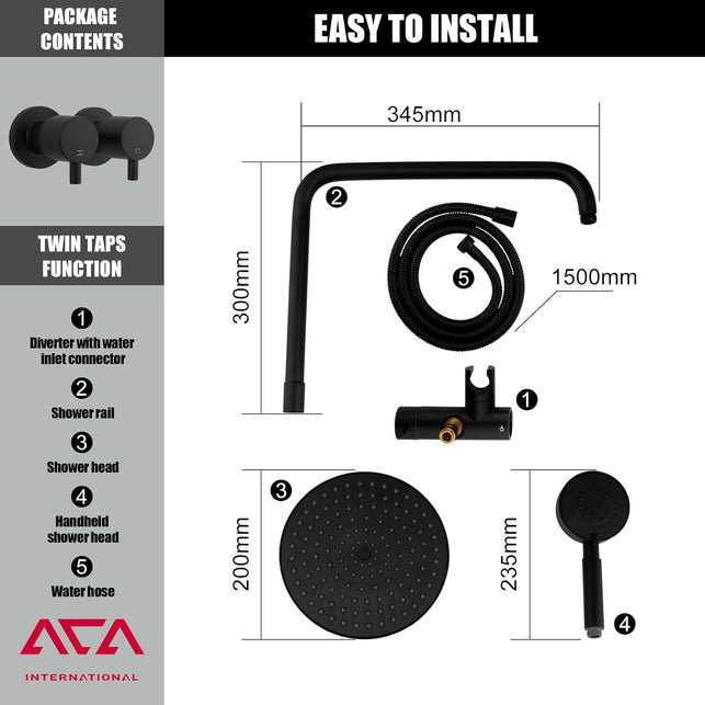 ACA International WELS Shower Set with Twin Shower Tap, 200Mm round Rain Shower Head 2 in 1 Shower Rail Wall Mounted 5-Mode Handheld Bathroom Dual Shower Head Set (Matt Black)