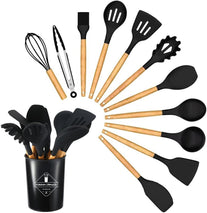 12 PCS Silicone Utensil Set, Wooden Handle Nontoxic BPA Free Silicone Spoon Spatula Turner Tongs Kitchen Gadgets Utensil Set for Nonstick Cookware with Holder (Black)