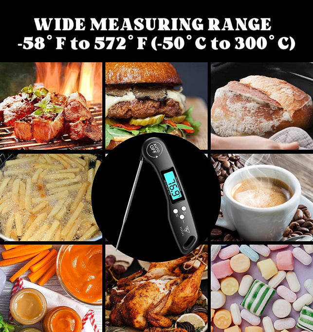 Meat Thermometer, DOQAUS Instant Read Cooking Thermometer, Digital Food Thermometer, Backlight LCD Screen Foldable Long Probe & Auto On/Off, Perfect for Kitchen Cooking, BBQ, Water,Meat, Milk (Black)