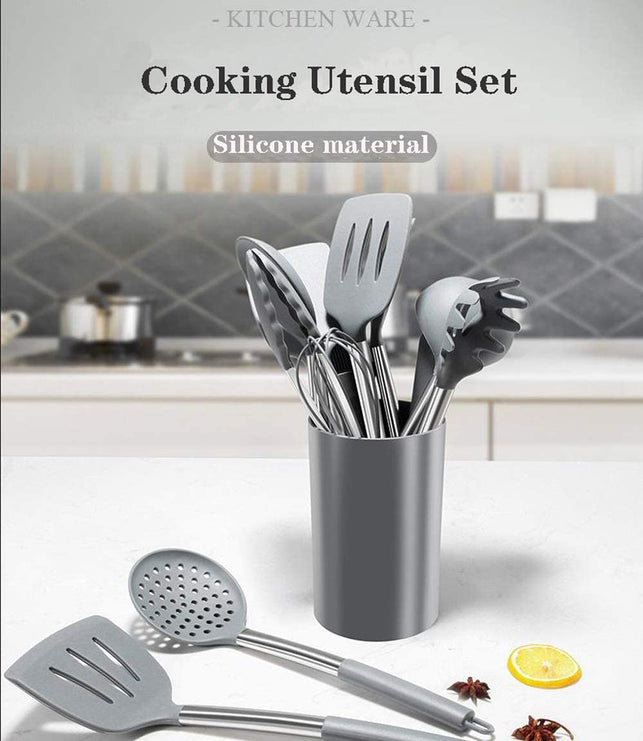 Bocowi Cooking Utensil Set, 25Pcs Non-Stick Heat Resistant Silicone Kitchen Utensils Spatula Set with Holder, Stainless Steel Handle (Gray)