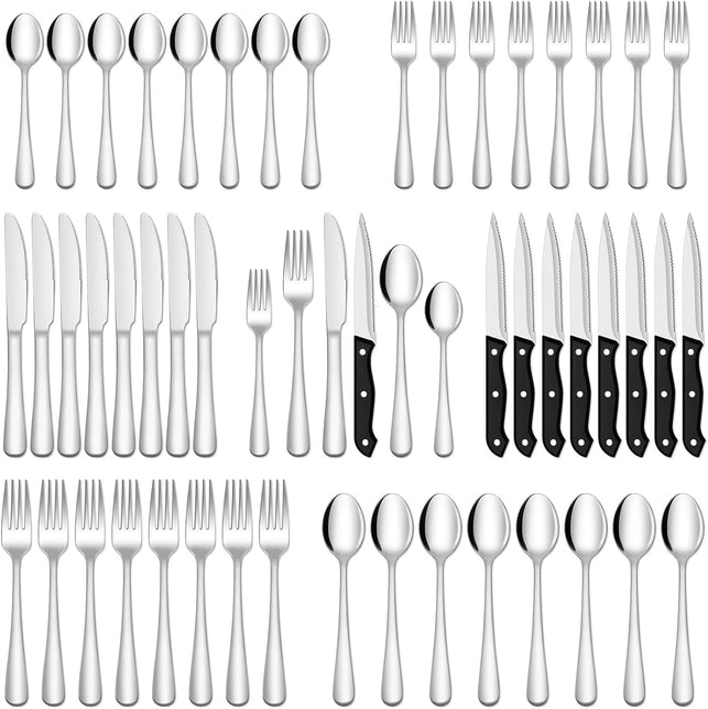 EUIRIO 48-Piece Silverware Set with Steak Knives, Heavy Duty Stainless Steel Flatware Set for 8, Food-Grade Tableware Cutlery Set, Utensil Sets for Home Restaurant, Mirror Finish, Dishwasher Safe