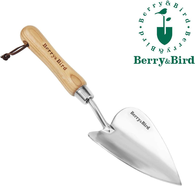 Berry&Bird Potting Trowel, Stainless Steel Hand Shovel with Wood Handle, Small Spade Garden Tool for Planting, Soil Loosening Transplanting Digging Weeding Fertilizer Mixing