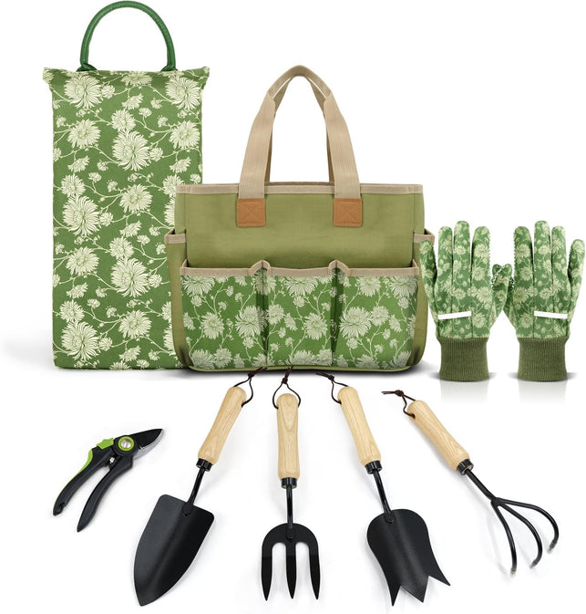 Colwelt Garden Tools Set, 8 Piece, Heavy Duty Gardening Tools with Wooden Handle, Including Garden Tote, Kneeling Pad, Gloves, Pruner, Trowel, Tulip Trowel, Cultivator - Gardening Gifts for Women Men