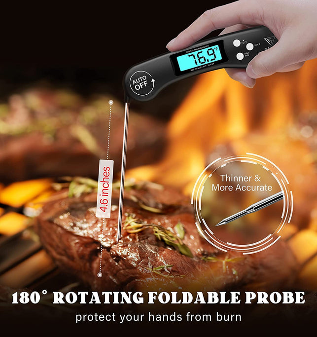 Meat Thermometer, DOQAUS Instant Read Cooking Thermometer, Digital Food Thermometer, Backlight LCD Screen Foldable Long Probe & Auto On/Off, Perfect for Kitchen Cooking, BBQ, Water,Meat, Milk (Black)