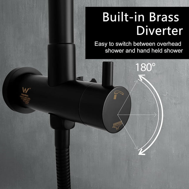 ACA International WELS Shower Set with Twin Shower Tap, 200Mm round Rain Shower Head 2 in 1 Shower Rail Wall Mounted 5-Mode Handheld Bathroom Dual Shower Head Set (Matt Black)