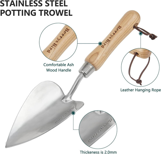 Berry&Bird Potting Trowel, Stainless Steel Hand Shovel with Wood Handle, Small Spade Garden Tool for Planting, Soil Loosening Transplanting Digging Weeding Fertilizer Mixing