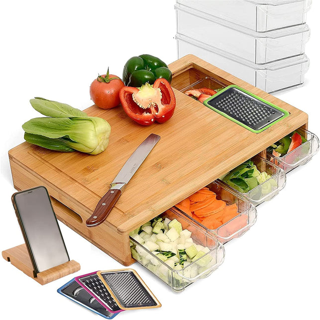 CARLA HOME Large Bamboo Chopping Board and 4 Containers with Mobile Holder Gift Included for Kitchen, Large Cutting Board with Juice Grooves, Sliding Opening and Carving Board with Trays for Storage