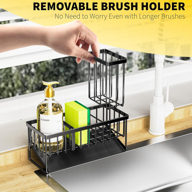 Cisily Kitchen Sink Caddy, Sponge Holder for Kitchen Sink, Kitchen Sink Organzier and Storage with High Brush Holder, Rustproof 304 Stainless Kitchen Gadgets Sink Accessories, Organizadores De Cocina