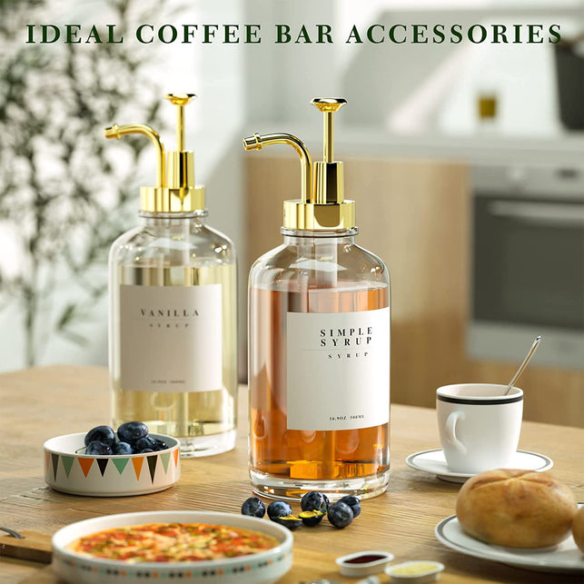 Coffee Syrup Dispenser for Coffee Bar Accessories，Coffee Pump Dispenser, Glass Syrup Bottle with Gold Pumps and 42 Labels, 16.9 Oz 500 Ml, Set of 4