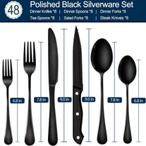 SHEUMNT 48-Piece Black Silverware Set, Mirror Polished Flatware Set for 8, Food-Grade Stainless Steel Cutlery Set, Includes Spoons Forks Knives, Kitchen Cutlery for Home Office Restaurant Hotel