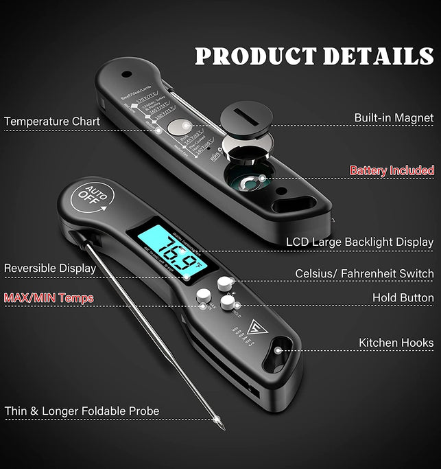 Meat Thermometer, DOQAUS Instant Read Cooking Thermometer, Digital Food Thermometer, Backlight LCD Screen Foldable Long Probe & Auto On/Off, Perfect for Kitchen Cooking, BBQ, Water,Meat, Milk (Black)