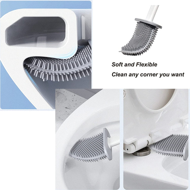 Silicone Toilet Brush-Soft Flat Toilet Brush with Holders, Cleaning Brushes Set for Bathroom,Flexible Toilet Bowl Brush Head with Silicone Bristles, Wall Mounting Leak Proof Slots Base (White)