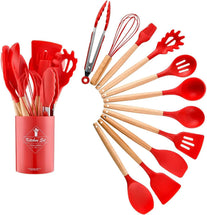 12 PCS Silicone Utensil Set, Wooden Handle Nontoxic BPA Free Silicone Spoon Spatula Turner Tongs Kitchen Gadgets Utensil Set for Nonstick Cookware with Holder (Red)