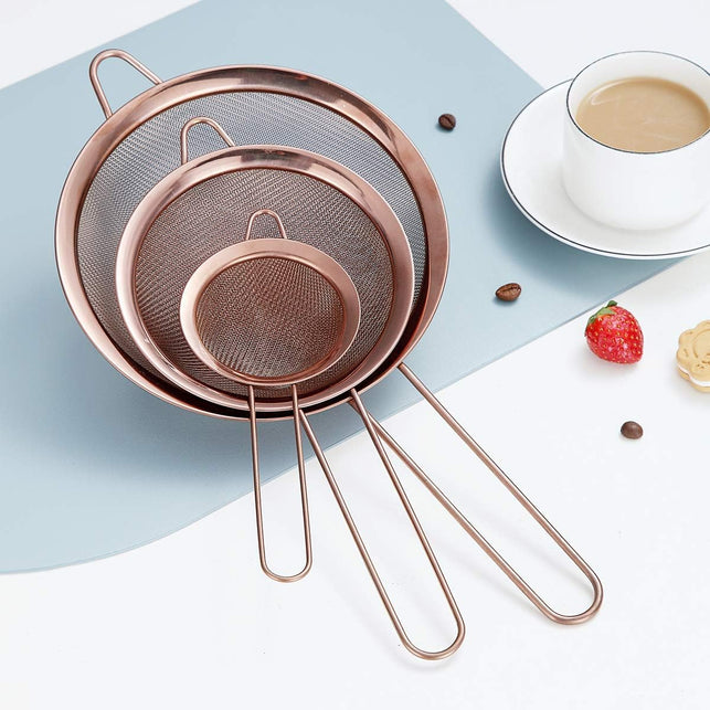 Kyraton Rose Gold Fine Mesh Strainer 3 Pieces Set, Copper Flour Sifter for Baking, Stainless Steel Clander, Matcha Tea Strainer, Gravy Separator, Stasher Sieve Pasta Strainers