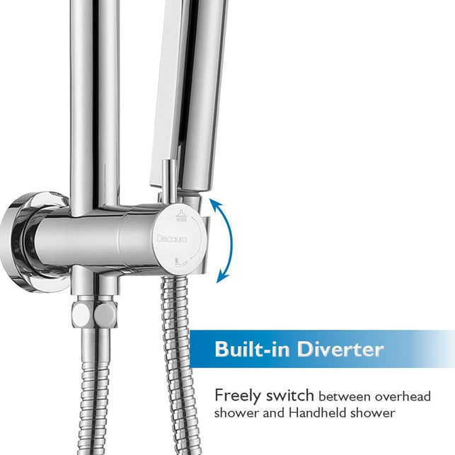 Decaura 10" Rain Shower Head Set 2 in 1 Wall Mounted Shower Rail 3-Mode Handheld Spray round Bathroom (Chrome)