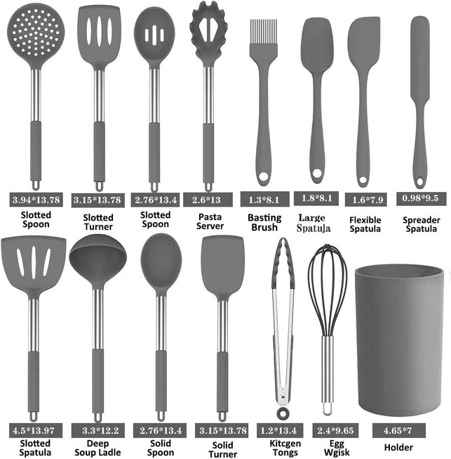 Bocowi Cooking Utensil Set, 25Pcs Non-Stick Heat Resistant Silicone Kitchen Utensils Spatula Set with Holder, Stainless Steel Handle (Gray)